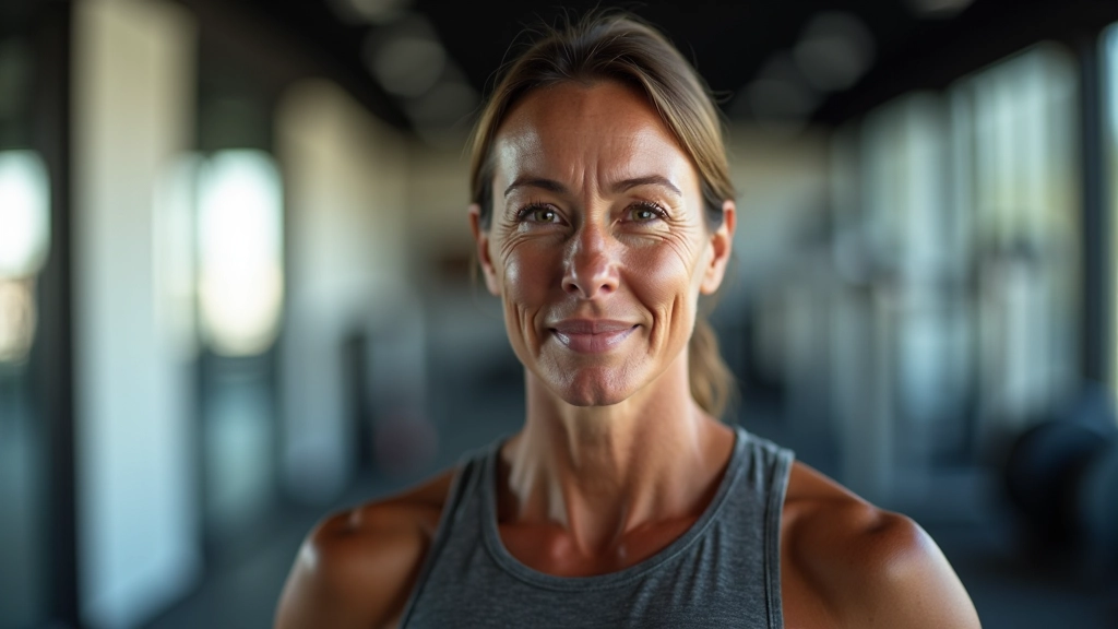 Person in gym looking determined after completing a challenging exercise, reflecting confidence and accomplishment