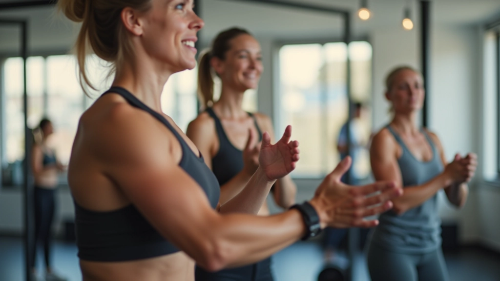 Group of adults of varying fitness levels warming up together in a spacious fitness studio with natural lighting