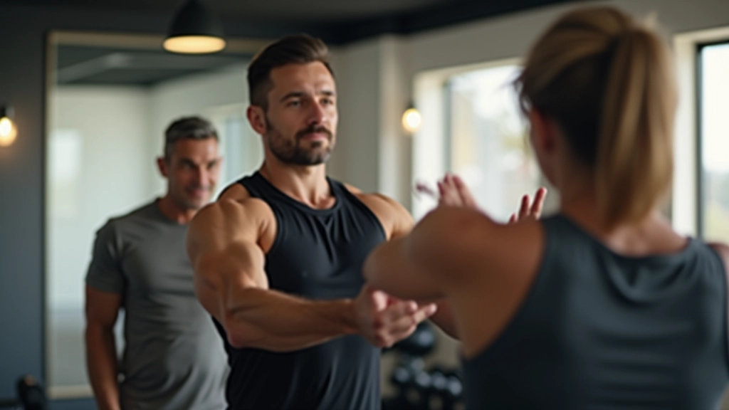 Professional trainer demonstrating proper exercise form to mature adult participants in modern fitness facility