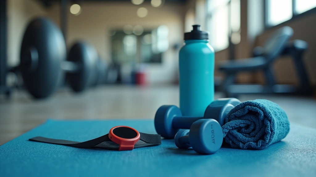 Close-up of fitness tracker and water bottle on gym mat during morning training session