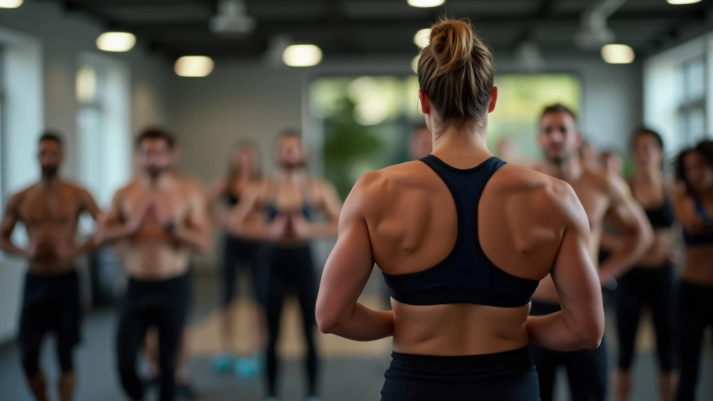 Trainer leading a group fitness class with adults during a morning workout session
