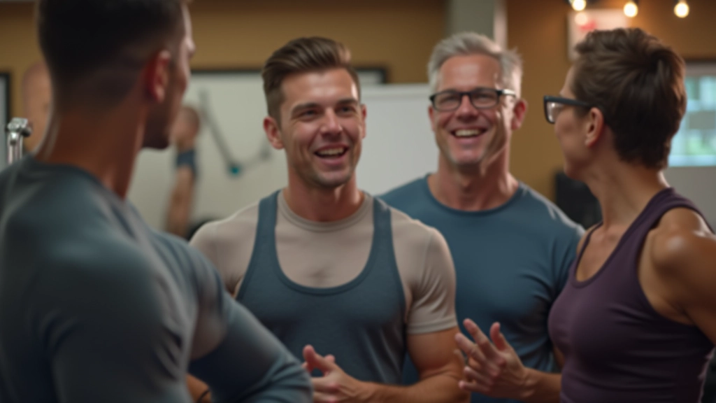 Diverse group of adults reviewing their weekly progress charts on a large display board at the end of a boot camp session