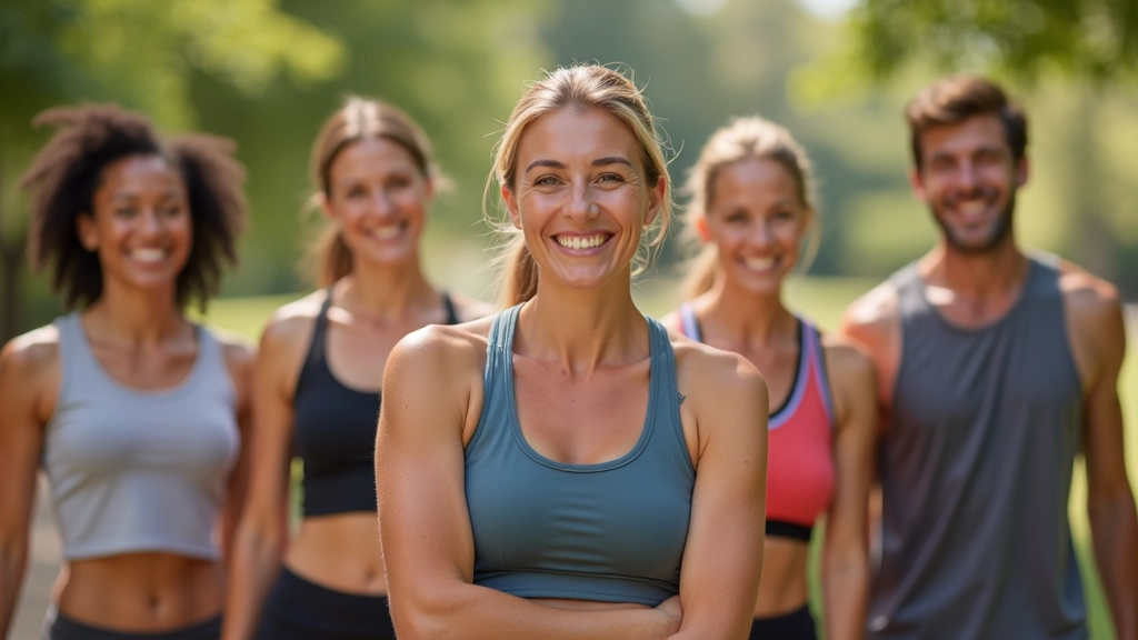 Diverse group of adults in fitness attire smiling outdoors