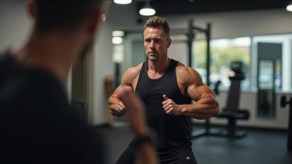 Trainer demonstrating proper squat form to a participant, showing correct body alignment and technique