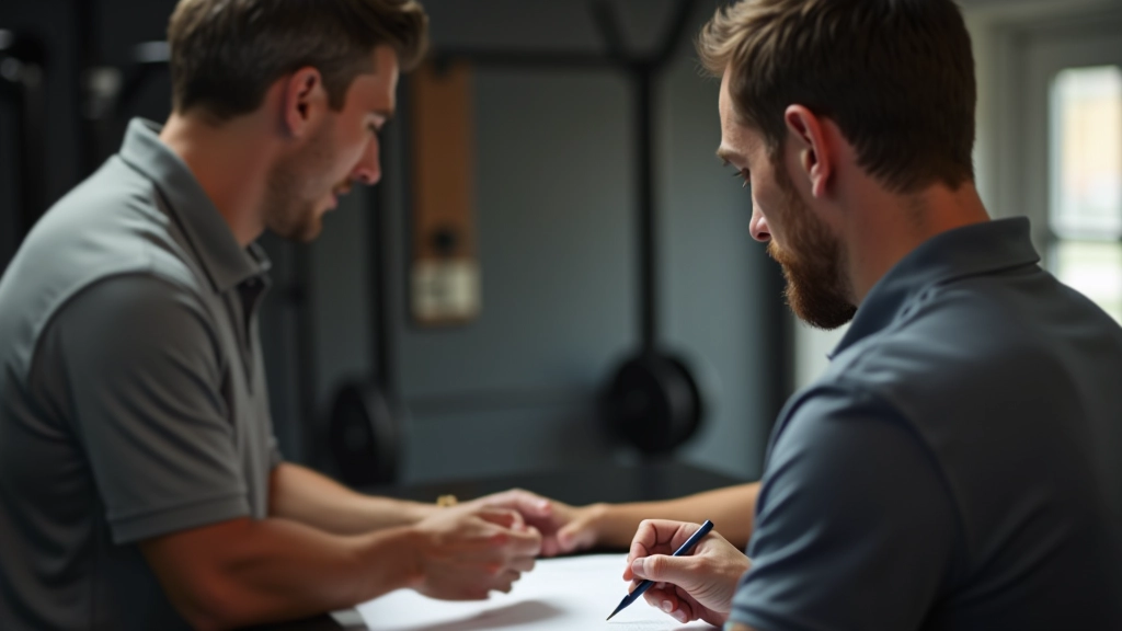 Trainer reviewing a written weekly accountability checklist with a participant during a one-on-one check-in session