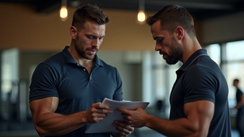 Personal trainer reviewing progress chart and fitness data with mature male client during monthly assessment session
