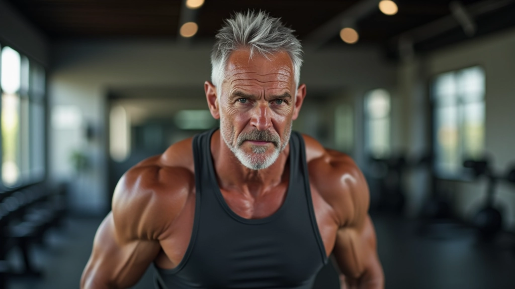 Focused male participant aged 52, mid-strength exercise with dumbbells, concentrated expression, modern gym setting with natural lighting, determination visible