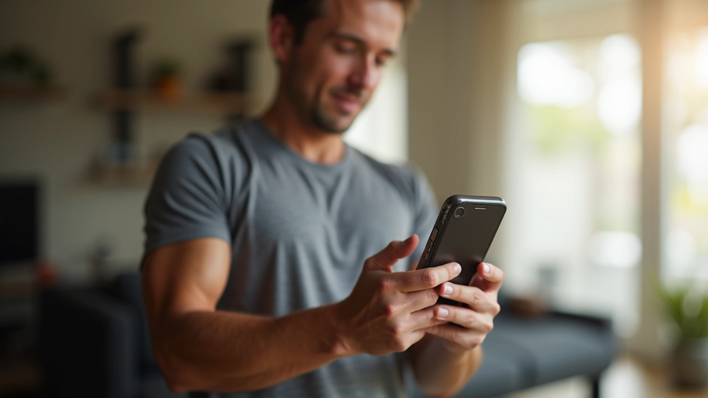 Adult fitness participant tracking weekly progress on a fitness app with clear metrics displayed