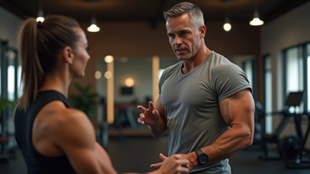 Professional personal trainer providing one-on-one guidance to an adult client during a training session