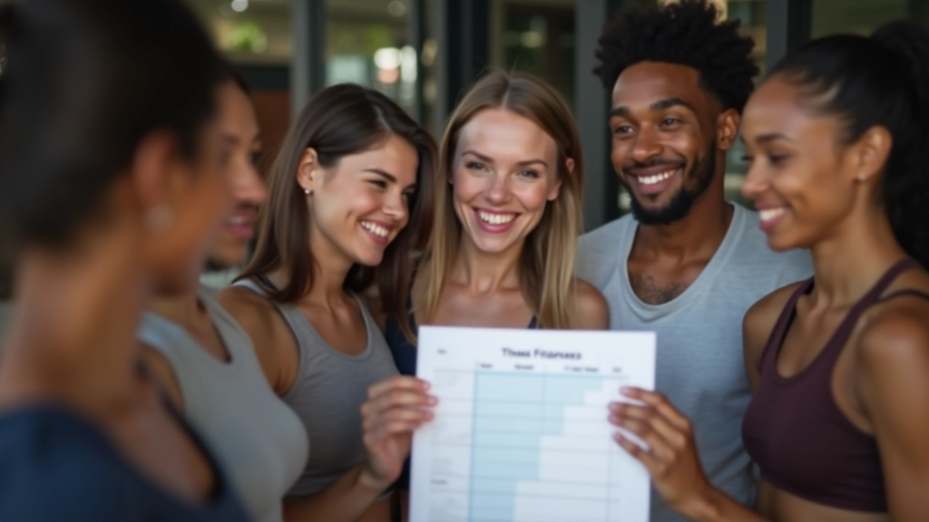 Small group of diverse adults reviewing fitness progress chart and celebrating weekly achievements together